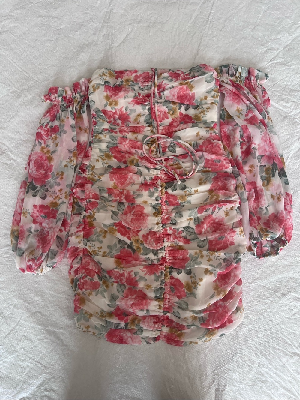 Hello Molly NEW Ruched Bodycon RUSH Dress Size XS Wild Freesia Pink Puff Sleeve - Picture 13 of 15